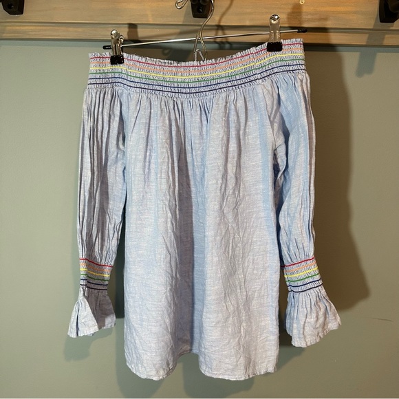 C&C California Tops - C&C California Off Shoulder Light Blue Linen Blouse with Rainbow Stripes